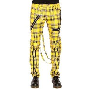Men Bondage Straps Punk Yellow Plaid Jeans Pant Alternative Rebel Rock Emo